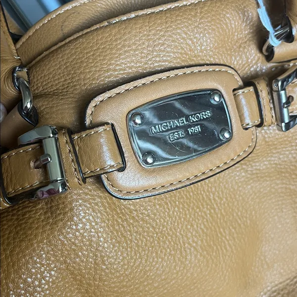 Michael Kors Camel Leather Satchel with Chain-Detail Strap - Image 2
