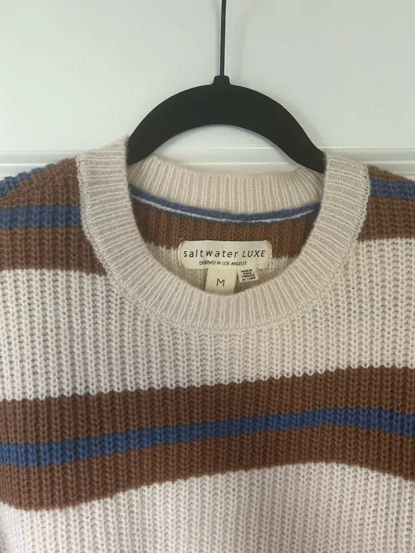 saltwater LUXE Cream Sweater with Brown and Blue Stripes - Image 2