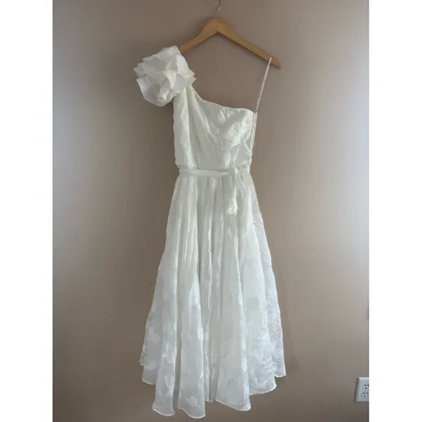 Lulus Sweet Definition White Burnout Ruffled One-Shoulder Midi Dress Size Large - Image 4
