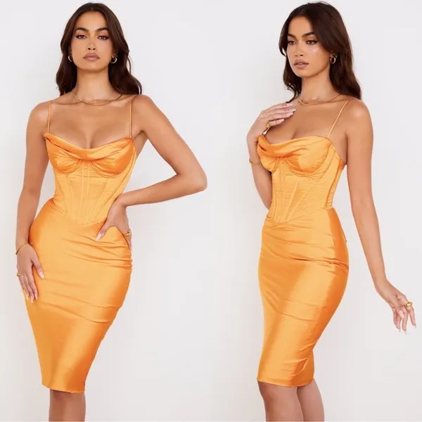 NWOT House of CB Myrna Satin Corset Orange Midi Dress sz XS - Image 4