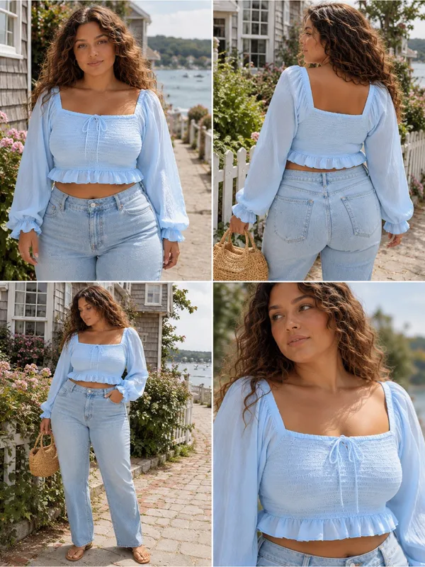 Celebrity Pink Blue Smocked Crop Top Large Cottagecore Balloon Sleeve Peasant - Image 2