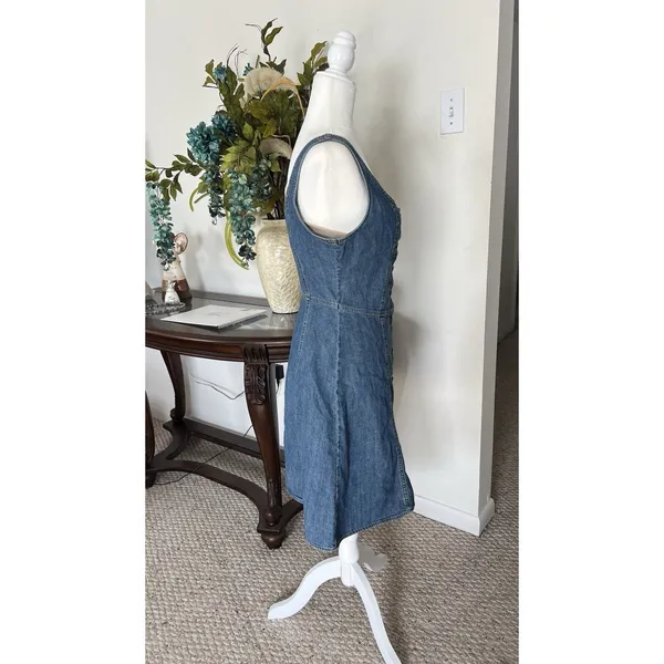 Lee Women’s Blue Denim Button Front Sleeveless Square Neck A-Line Dress Size S - Image 3