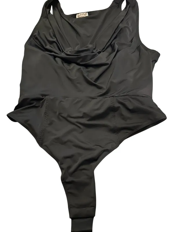 Free People Bodysuit when and Where cowl neck thong small black drapey - Image 3