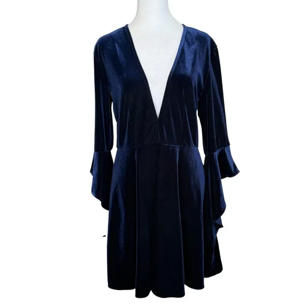 Lulus Wrapped in Luxe Navy Blue Velvet Bell Sleeve Skater Dress XL Dark Romantic - Image 2