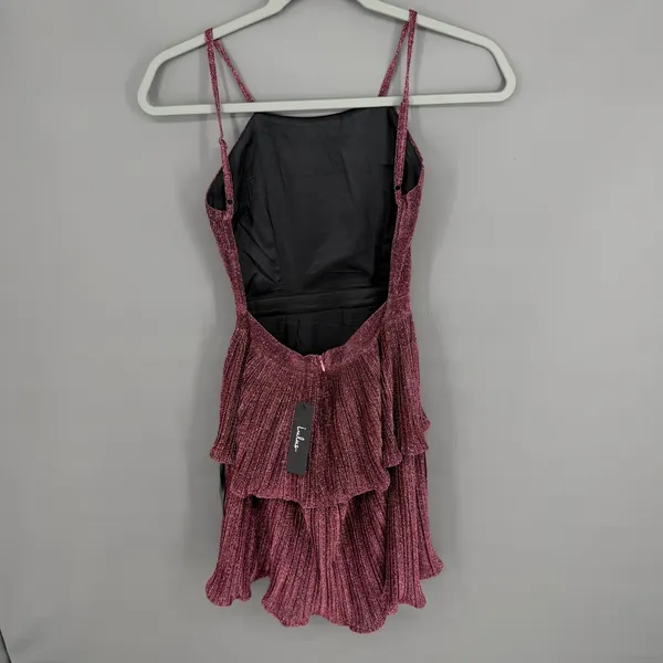 Lulus Sweetest Soiree Mini Dress XS Plum‎ Metallic Tiered Plisse Open Back Party - Image 7