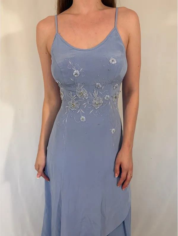 Beaded Embroidered Powder Blue Vintage Evening Dress - Image 3