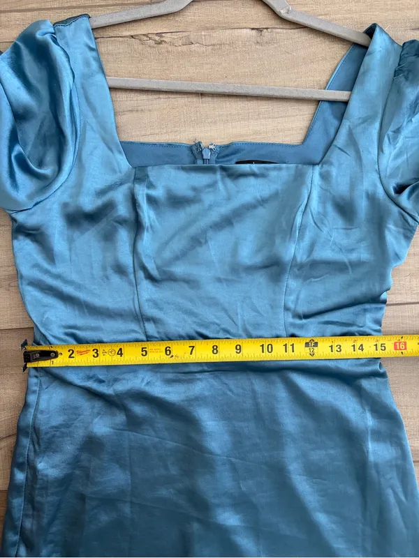 Lulu’s Got The Love Slate Blue Satin Square Neck Mini Long Sleeve Dress Medium - Image 8