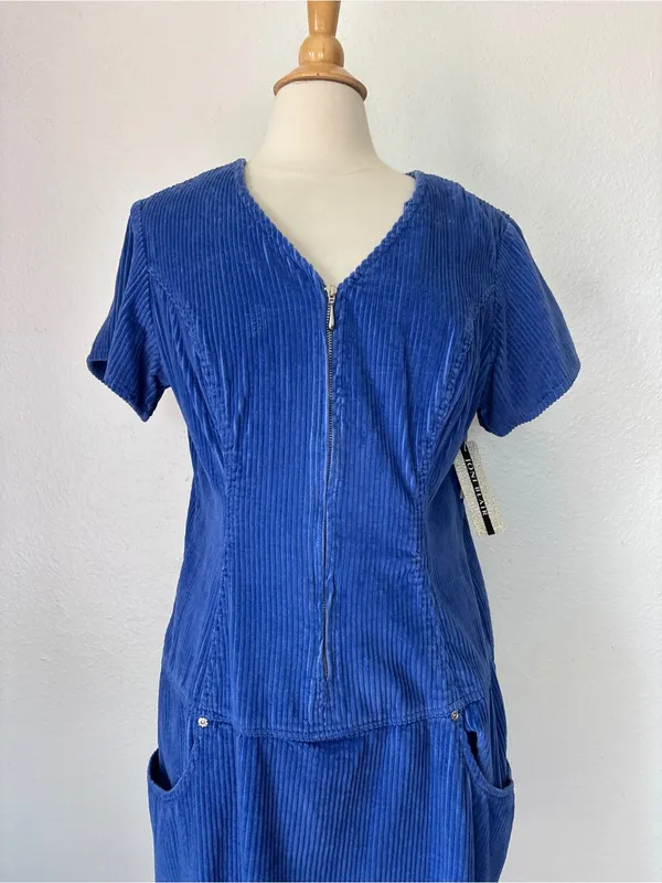 Vintage 80s Deadstock Blue Corduroy Short Sleeve Zip-Front Dress - Image 2