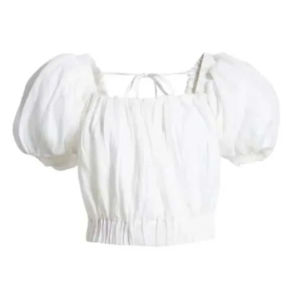 Frame Ruched Crop Puff Sleeve Blouse in Blanc‎ Size Medium NWOT - Image 4