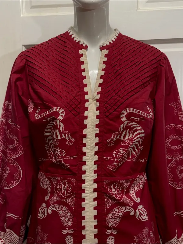 ANNA CATE Jenny Scarlet Embroidered Tiger Long Sleeve Dress 100% Cotton Size S - Image 3