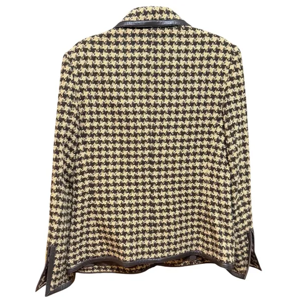 Peck & Peck Houndstooth Wool‎ Blend Zip Jacket Brown Tan Faux Leather Trim Sz 12 - Image 3