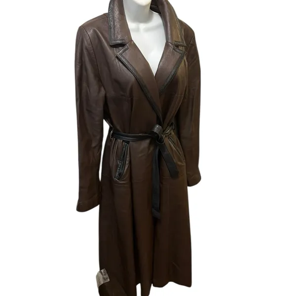VTG Brown Leather Trench Coat Belted Contrast Trim Minimalist Chic Sz 16 Lined - Image 2