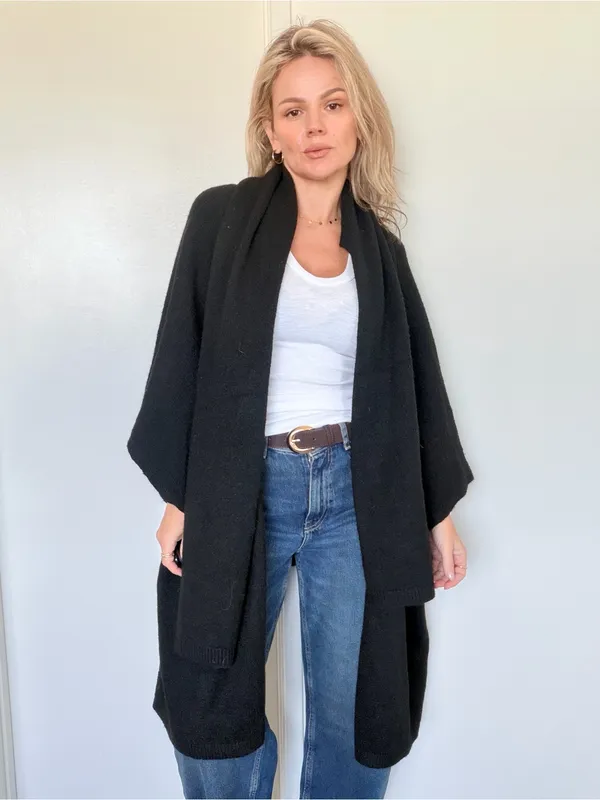 Free People Black Open-Front Knit Poncho with Pockets and Scarf ONE SIZE - Image 6
