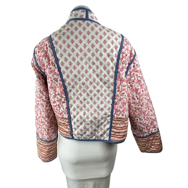 Reversible Women's Pink Blue Quilted Floral Open Front Crop Puffer Coat Jacket M - Image 3
