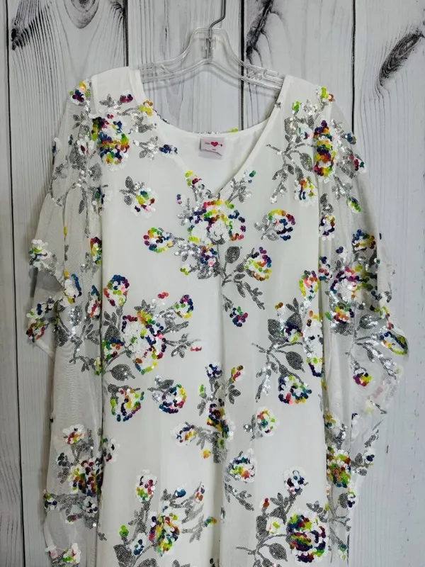 Buddy Love Atlas Sequin Caftan Maxi Dress Sz L White Floral V-Neck Relaxed Fit - Image 2