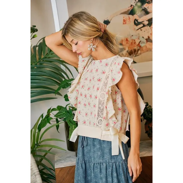BiBi Flower Printed Ruffle Sleeve Trim Detail Top - Red Flower - Large - Image 9