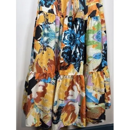 FLYING TOMATO Midi Dress Small Abstract Floral Tiered Boho Puff‎ Sleeve Art Belt - Image 7