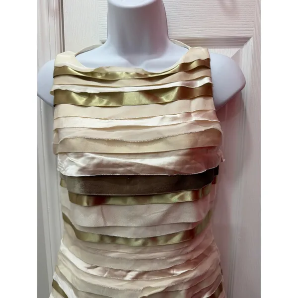 Alice + Olivia Dress Women Cream Gold Silk Tiered Ribbon‎ Mini Size 4 - Image 3