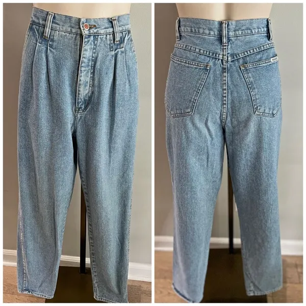 Vintage Bill Blass Pleated High Rise Tapered Mom Jeans Light Wash 80s 90s XS-S - Image 2
