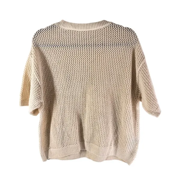 MNG Mango Womens Open Knit Sweater Boxy Floral Applique Beige Short Sleeve L - Image 2