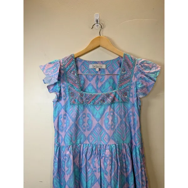 Bella Tu Ikat Mini Dress Womens XS Blue Purple Beaded Square Neck Flutter Sleeve - Image 3