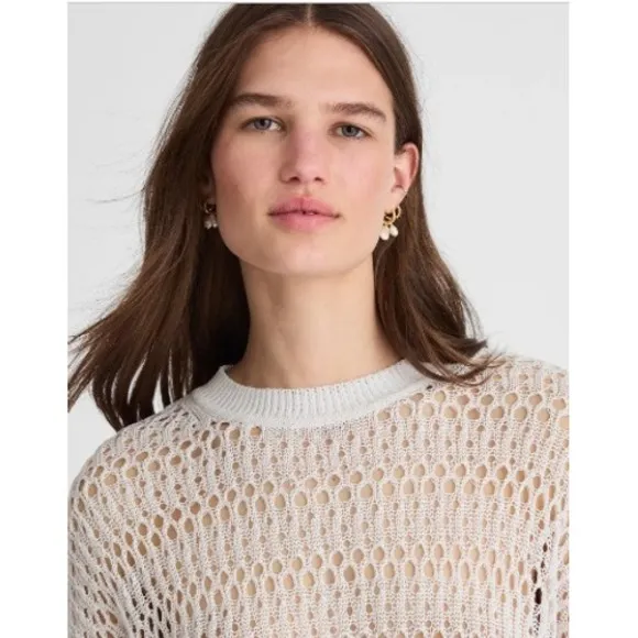 Madewell Sweater Womens XL‎ White Relaxed Open Stitch Sweater Tee Cropped NV254 - Image 2