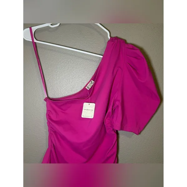 NEW Free People Somethin Bout You Pink One Shoulder Puff Sleeve Bodysuit Women S - Image 3