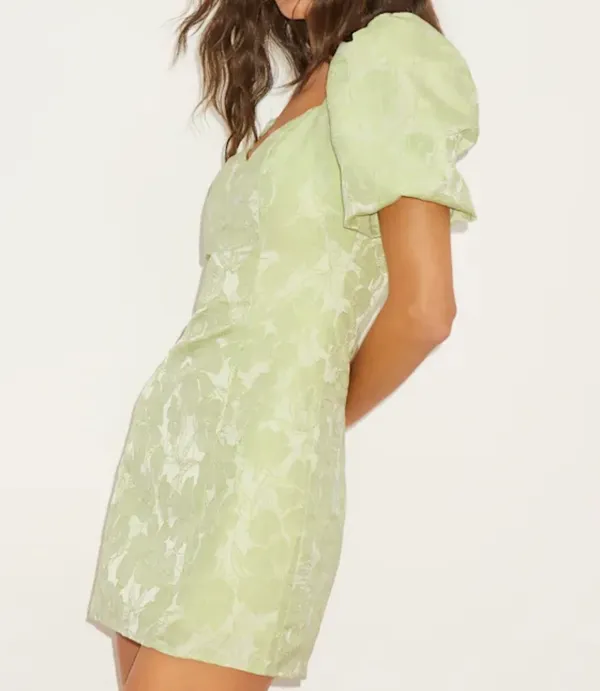 Lulu’s Beyond Amazing Light Green Floral Jacquard Puff Sleeve Dress Size M. NWT . - Image 5