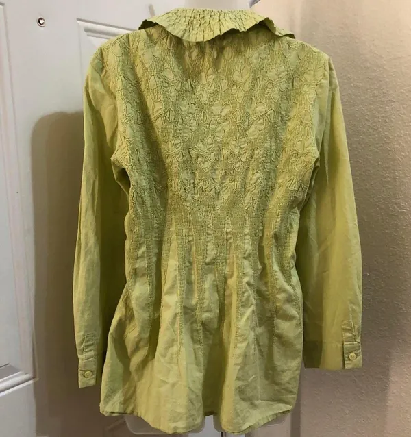 Unique green cottagecore long sleeve button up down shirt blouse ruffled exaggerated peter pan collar - Image 2