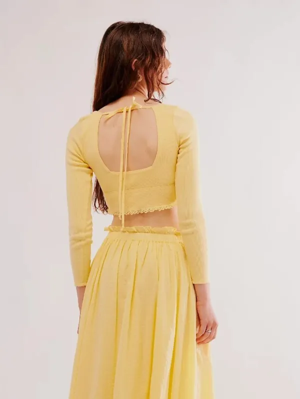 Free People Mellow Yellow Cropped Dancing Queen Bow Cutout Top - Size - Large - Image 4