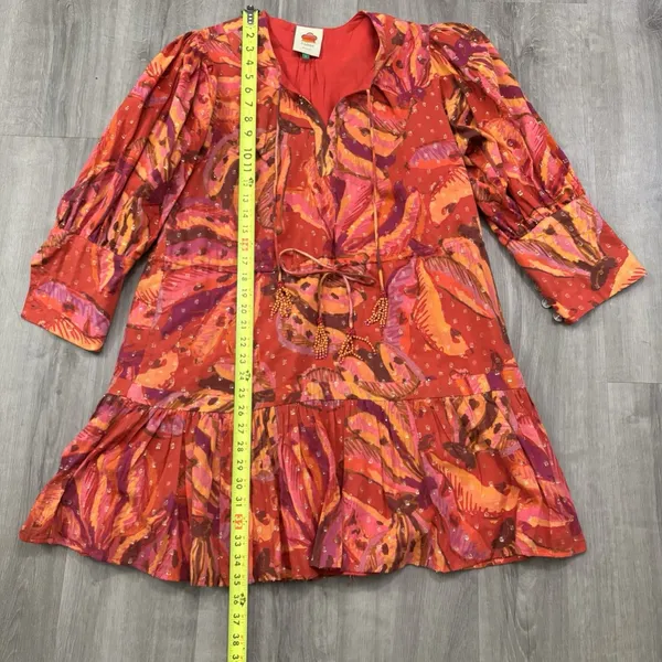 Farm Rio Dress Women's Size Large Red Banana Juice Boho Puff Sleeve Tie Mini - Image 6