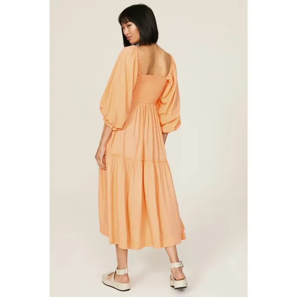 LOUNA Orange Square Neckline Puff Sleeves Chic Flowy Midi Dress size Medium - Image 13