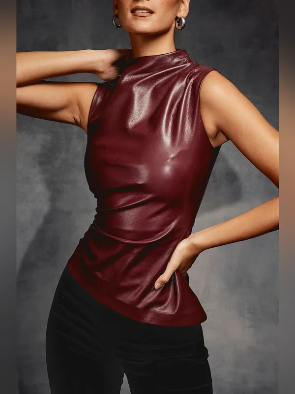 HOUSE OF CB ALLEGRA Wine Vegan Leather Asymmetric Top, Size X-Small, $148 - Image 3