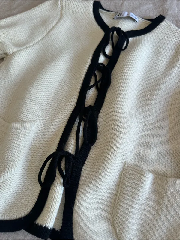 Zara Cream Tie Front Knit Cardigan Contrast Trim Large - Image 2
