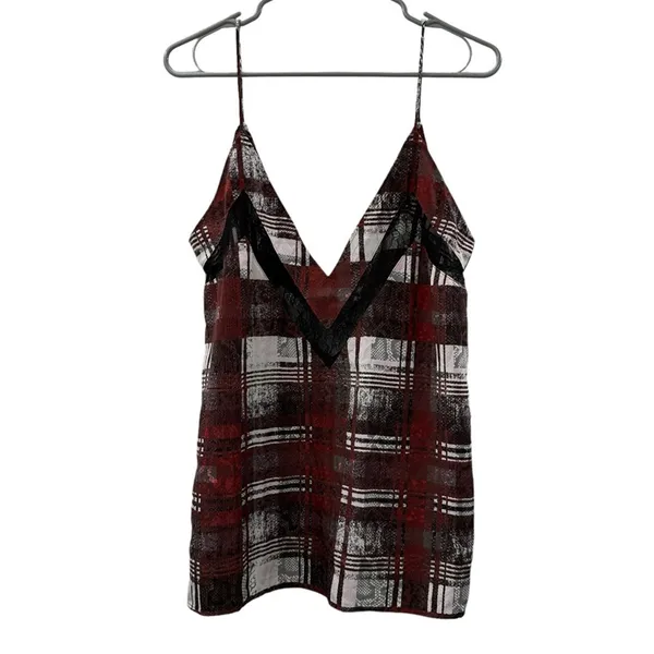 Lovers + Friends Plaid Camisole‎ Tank Top Women's Size Large Lace Trim V-Neck - Image 3