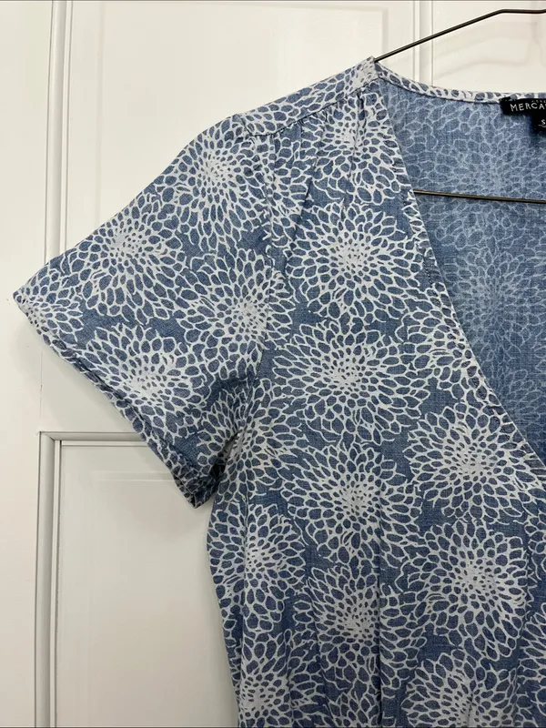 J. Crew Light Blue Denim Floral Printed Faux Wrap Mini Dress - Size Small - Image 2
