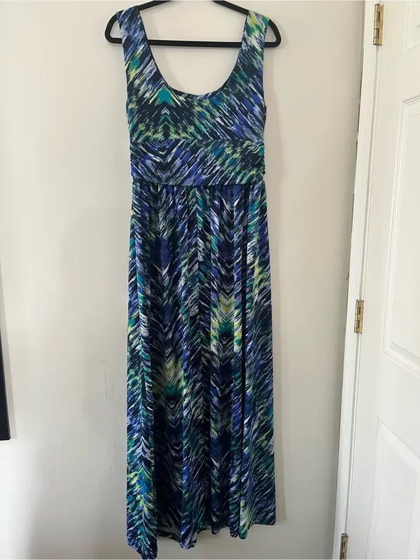 AB Studio Blue Green Abstract Maxi Dress Large Stretch Sleeveless Vacation Resort Flowy - Image 6
