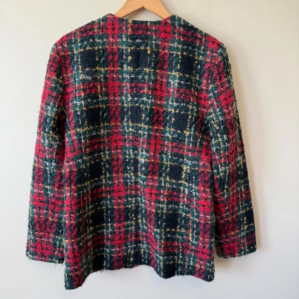 Lord & Taylor Wool Mohair Boucle Plaid Jacket 8 Red Green Gold Blazer Holiday‎ - Image 6