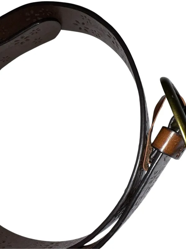 Brow leather belt with dye cut flower design and brass color buckle . - Image 4