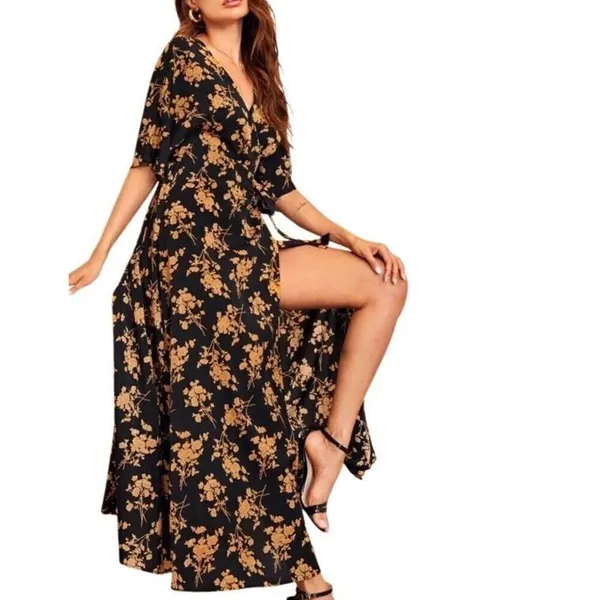 Lulus Black and Gold Wrap Maxi Dress Medium - Image 3