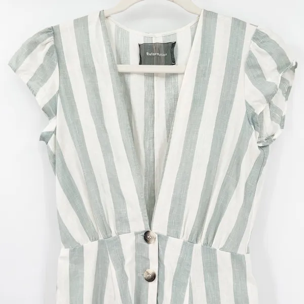 Reformation Womens Bayu‎ Linen Dress Size 2 Baltic Striped Button Front Pockets - Image 3