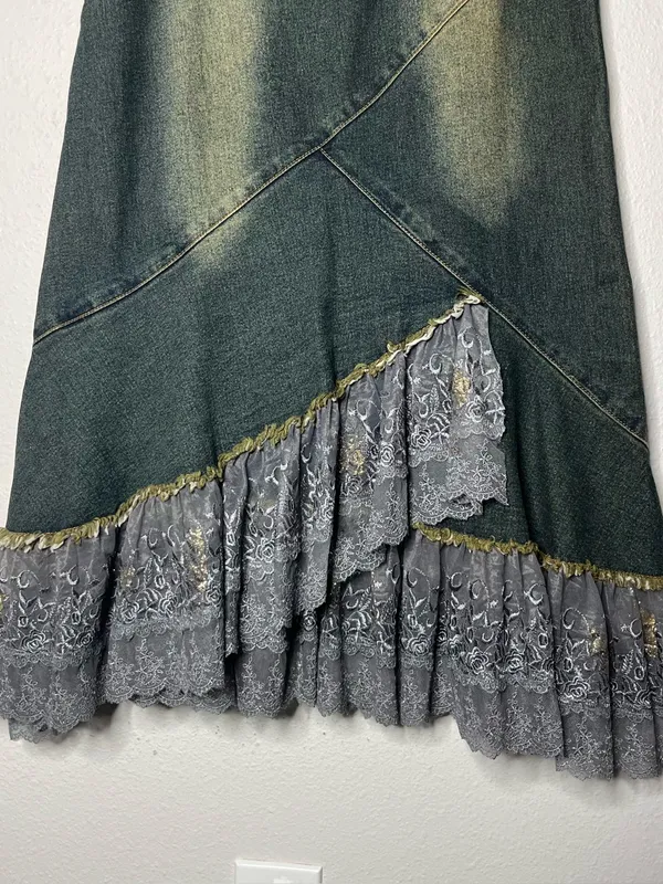 Y2K Vintage Asymmetrical Lace Hem Floral Beaded Fairy Grunge Denim Midi Skirt - Image 9