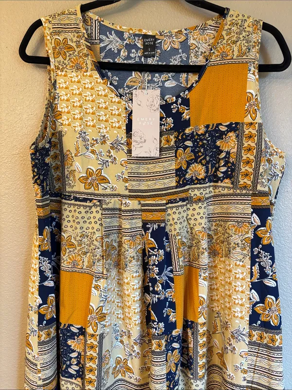NEW! EMERY ROSE Boho Patchwork Swing Dress Mini Yellow Navy Blue Floral LARGE - Image 3