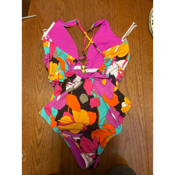 Trina Turk Gemini Plunge One Piece‎ Swimsuit Multicolor Black Hardware NWT 14 - Image 4