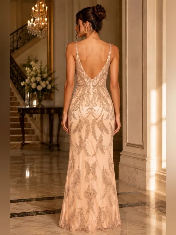 New Mac Duggal Pink V-Neck Sequin Embellished Gown Style 6015 – Apricot – Size 6 - Image 2