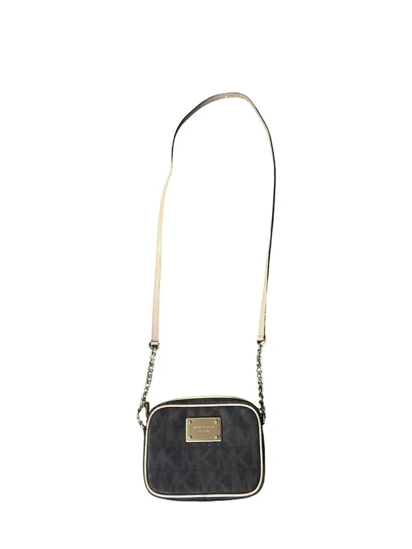 Michael Kors Jet Set Travel Crossbody Bag Brown MK Monogram Small Gold Chain Use - Image 4