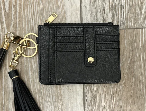 Black Leather Faux (?) ID Cards Wallet Key Fob Tassel Accent Wristlet Strap - Image 3