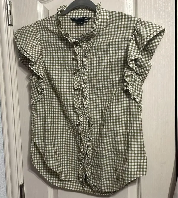 💙💖 Veronica Beard Tenille Ruffle Sleeve Shirt in Olive/White - Image 2