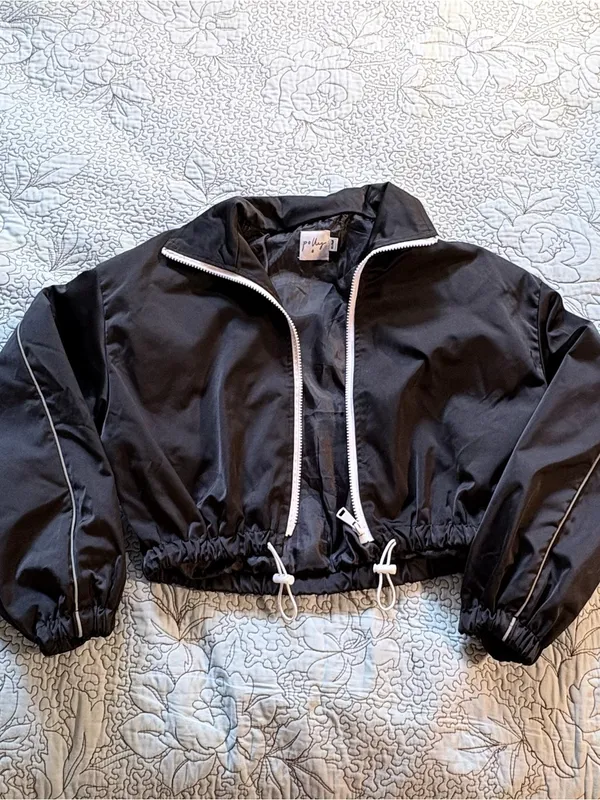 💥Polly Cropped Windbreaker Jacket Black White Zip Toggle Hem Lightweight S/M💚 - Image 8