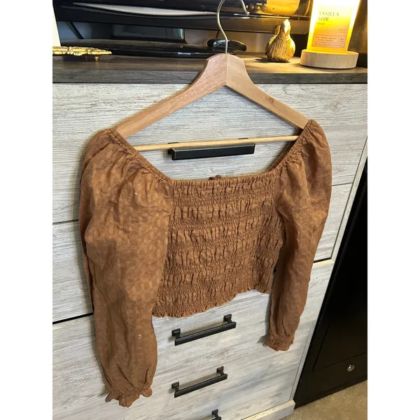 American Eagle Smocked Crop Top Brown Long Sleeve Square Neck Blouse Medium - Image 6